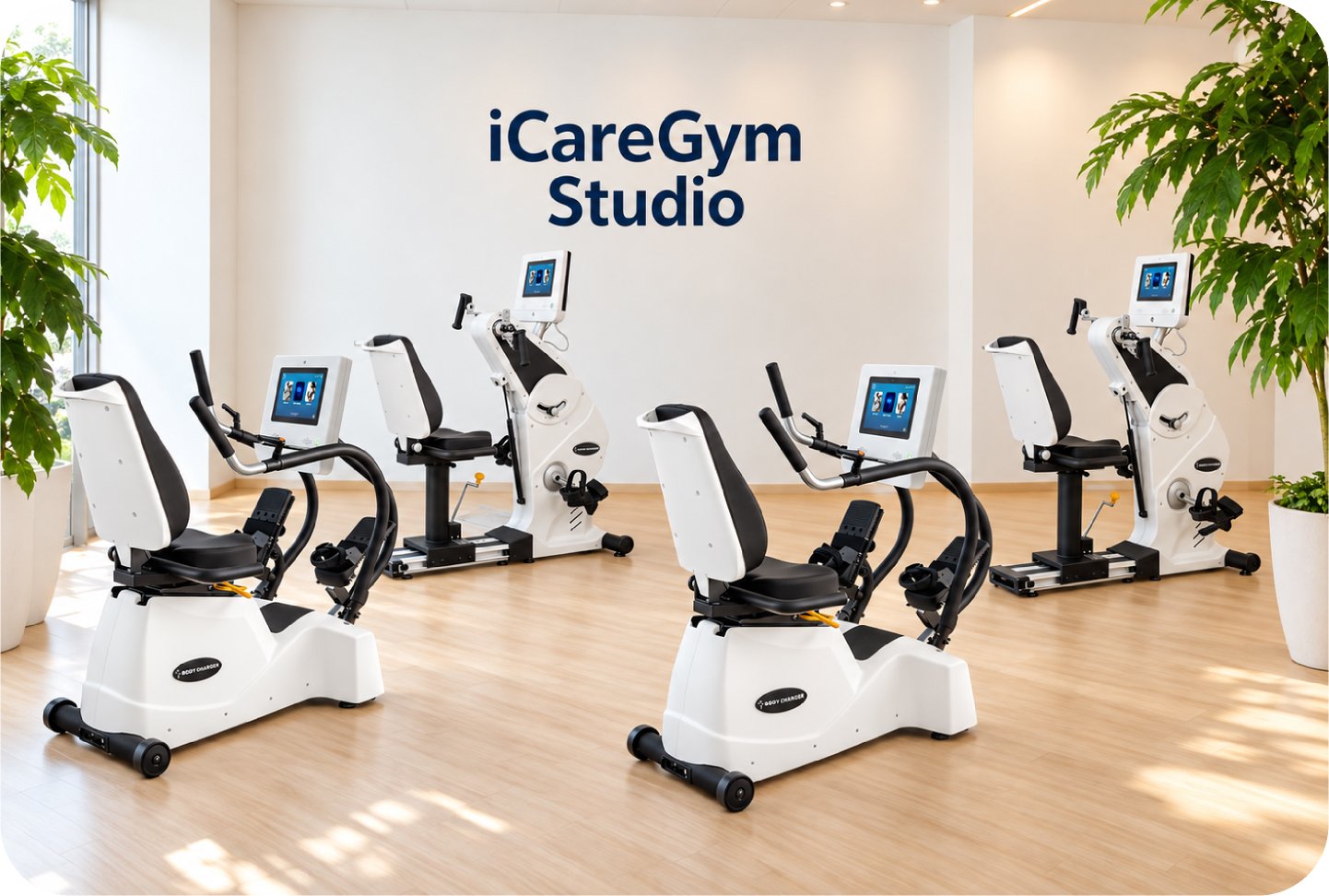 壁に「iCareGym Studio」のロゴがある明るいスタジオに、画面つきのフィットネス機器が並ぶ様子