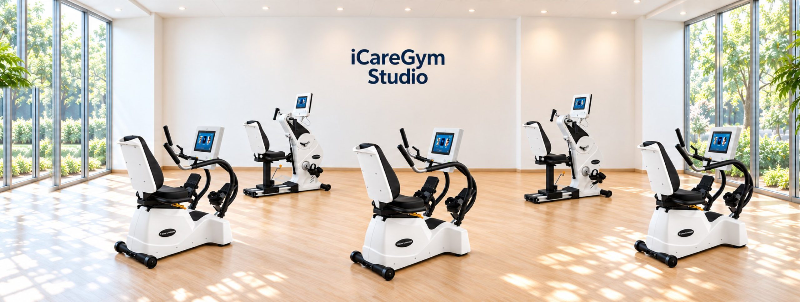 壁に「iCareGym Studio」のロゴがある明るいスタジオに、画面つきのフィットネス機器が並ぶ様子